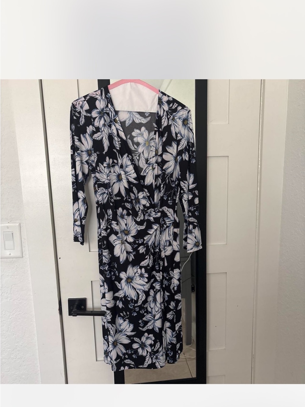 Anne Klein Black Floral Wrap Dress with White Blooms